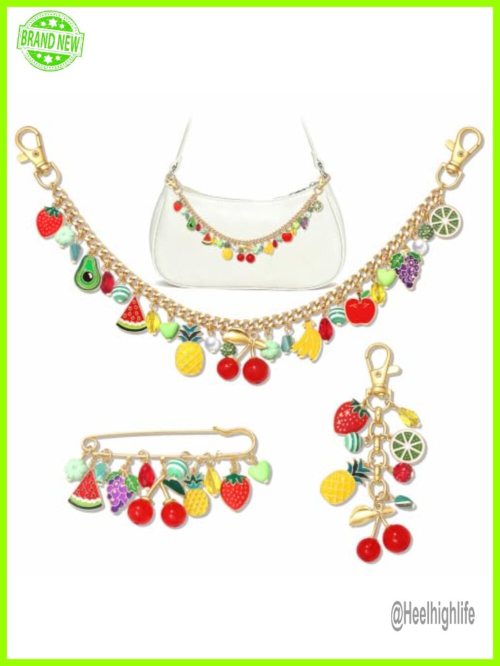 Enamel Rose Horseshoe Bag Charms Keychain Brooch Set Derby